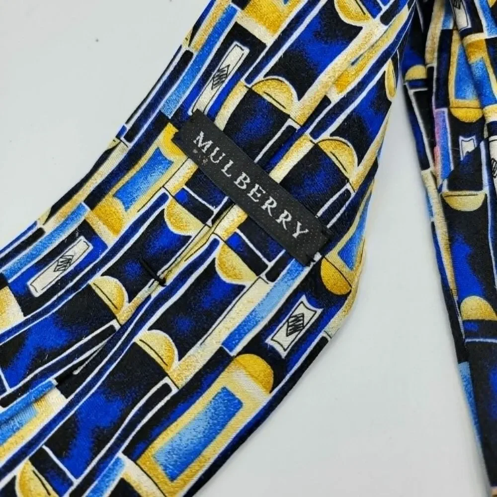 Mulberry Men’s Geometric Necktie Blue Gold 100% Italian Silk 57 x 4